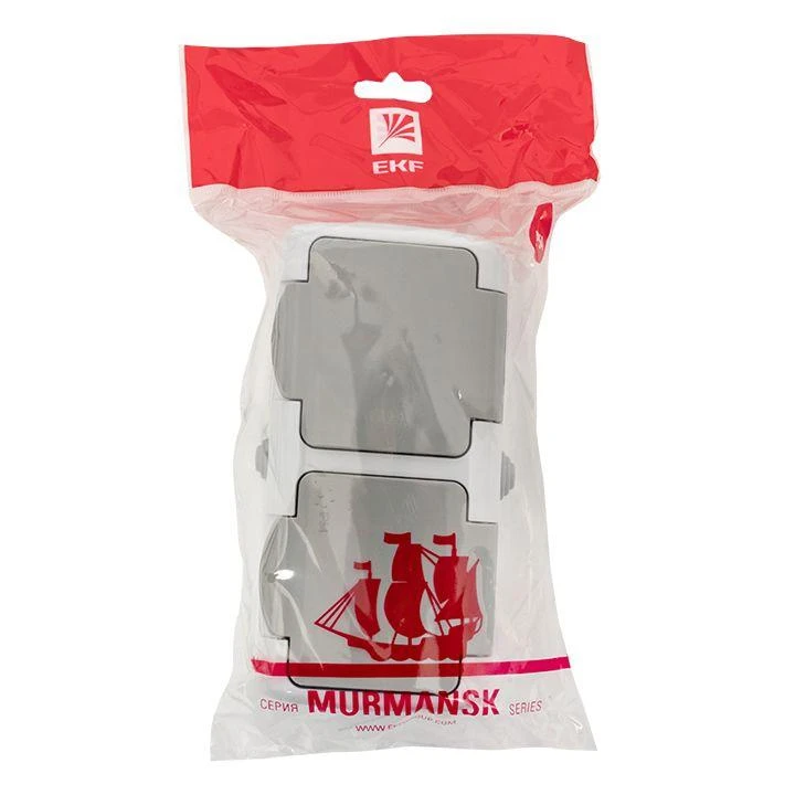 EFR16-129-30-54 EKF | Розетка 2-м ОП Мурманск 16А IP54 с заземл. защ. шторки с крышкой сер.  