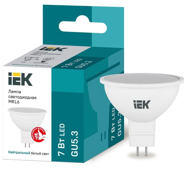 IEK  | Лампа светодиодная Eco 7Вт MR16 софит 4000К нейтр. бел. GU5.3 630лм 230-240В  LLE-MR16-7-230-40-GU5
