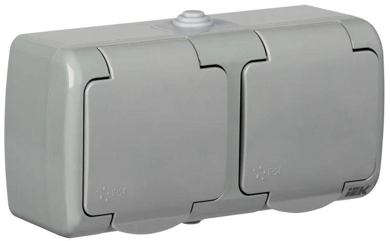 IEK  | Розетка 2-м ОП Aquatic РСш22-2-А 16А IP54 с заземл. с крышкой сер.  ERA22-K03-16-54