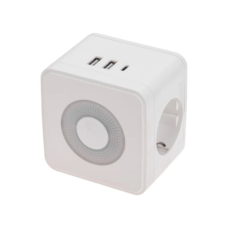 Двойник электрический Куб 16А с/з+2хUSB-A 2.4А+USB Type-C 3А с ночной подсветкой бел. Rexant 11-1251