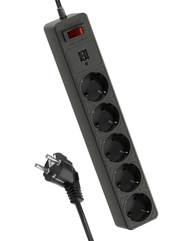 FKsm1.8m-5g(B)USB КОСМОС | Удлинитель с сетевым фильтром 5х1.8м с заземл. 10А IP20 2.2кВт 2хUSB 3х0.75 с предохранителем  
