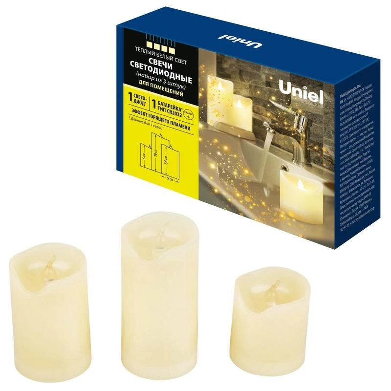 UL-00008593 Uniel | Фигура ULD-F060 WARM WHITE CANDLE SET3 "Свеча" на батарейках CR2032 (в/к) 1 LED тепл. свет (уп.3шт)  