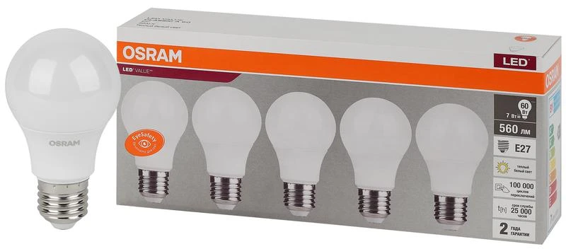 4058075577626 LEDVANCE | Лампа светодиодная LED Value LVCLA60 7SW/830 7Вт грушевидная матовая E27 230В 2х5 RU (уп.5шт) OSRAM 