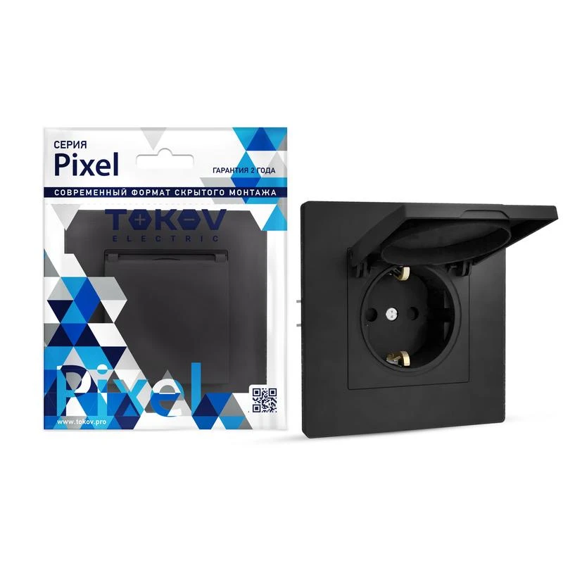 TKE-PX-R1ZSW1-C14 TOKOV ELECTRIC | Розетка 1-м СП Pixel 16А IP20 с заземл. защ. шторки с крышкой механизм карбон  