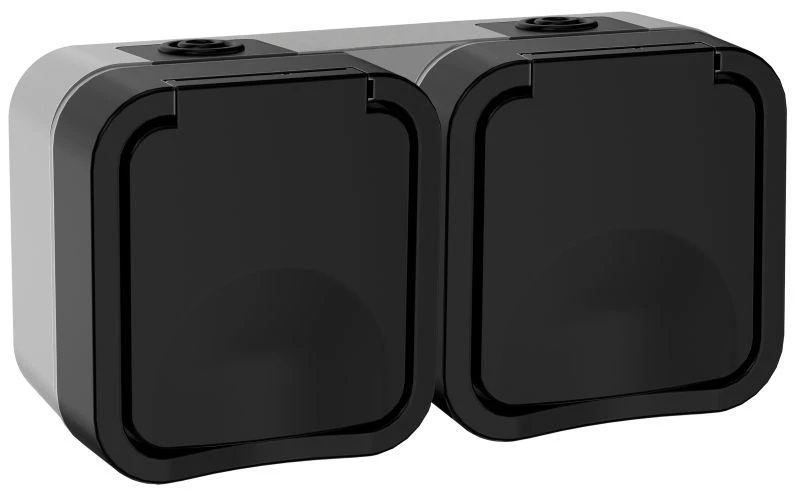 IEK  | Розетка 2-м ОП TORS 16А IP55 TS122 горизонт. с заземл. с крышкой графит  TS-R26-16-55-G-K53