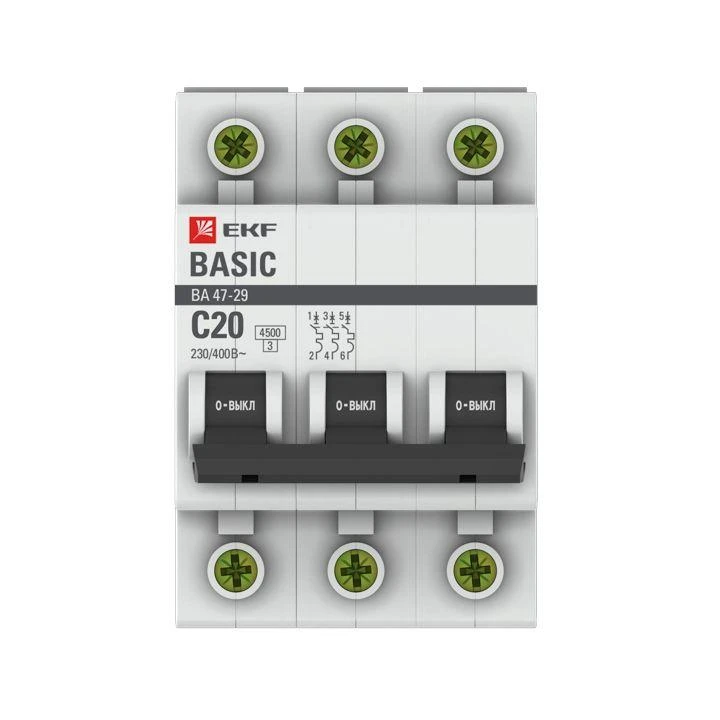 mcb4729-3-20C EKF | Выключатель автоматический модульный 3п C 20А 4.5кА ВА 47-29 Basic  