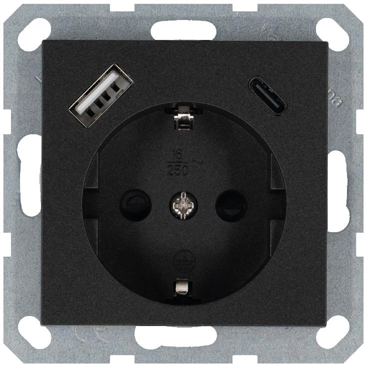 G5501USB-25B Jasmart | Розетка Shuko 16А с заземл. защ. шторки с 2-мя заряд. устройствами USB тип A+C 25Вт механизм антрацит  