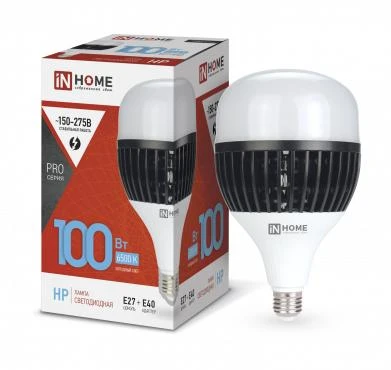 4690612035697 IN HOME | Лампа светодиодная LED-HP-PRO 100Вт грушевидная 6500К холод. бел. E27 9500лм 150-275В с адаптером E40 бел.  
