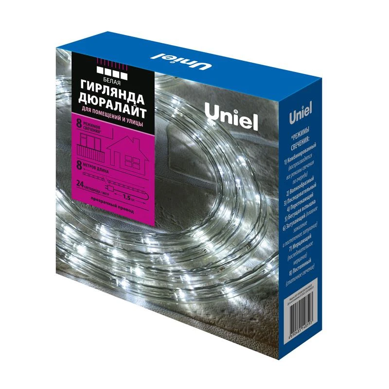 UL-00008573 Uniel | Гирлянда светодиодная ULD-D50 8M/С08 IP44 WHITE Дюралайт 8м с контроллером бел. свет провод бел.  
