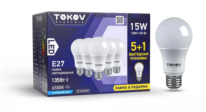 Promo-A60-E27-15-6.5K TOKOV ELECTRIC | Набор ПРОМО лампа светодиодная 15Вт А60 6500К Е27 176-264В (Promo 5+1 шт)  