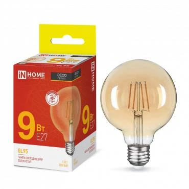 4690612036465 IN HOME | Лампа светодиодная LED-GL-95-deco gold 9Вт шар золотая 3000К тепл. бел. E27 1040лм 230В  