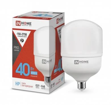 4690612031101 IN HOME | Лампа светодиодная высокомощная LED-HP-PRO 40Вт цилиндр 6500К холод. бел. E27 3800лм 230В с адаптером E40  