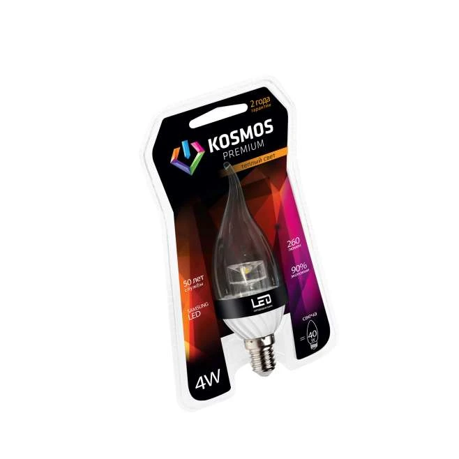 KLED4wCW230vE1427CL КОСМОС | Лампа светодиодная KOSMOS premium 4Вт свеча на ветру прозрачная E14 230В 3000К Космос 