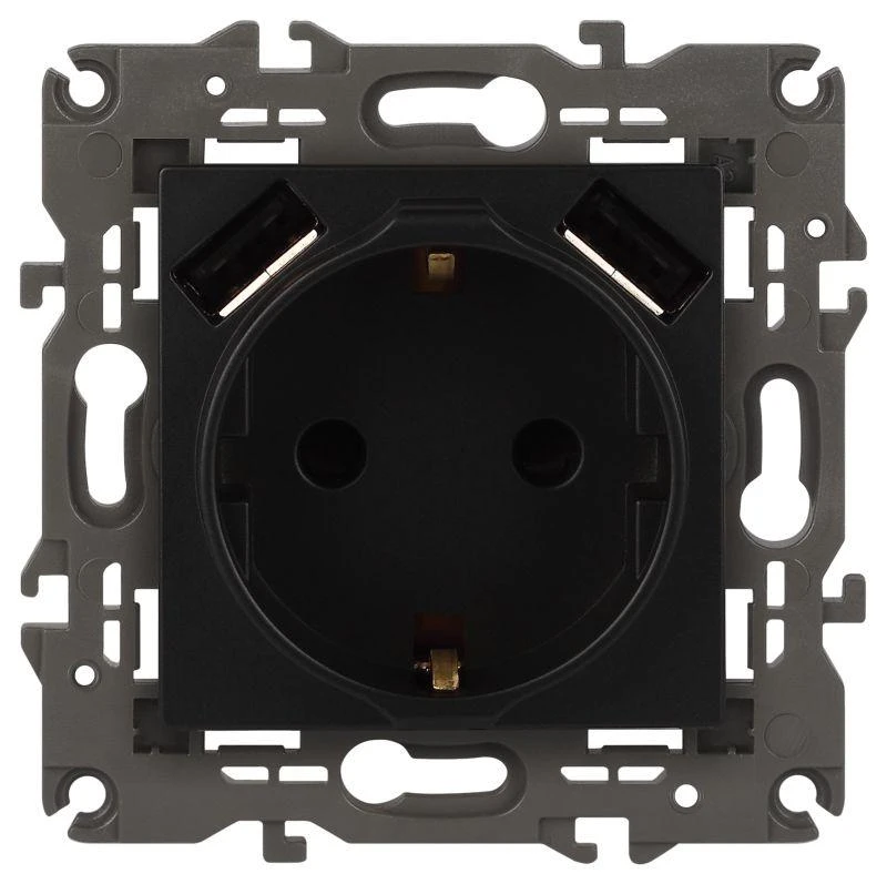 Б0047871 Эра | Розетка 16А 250В 2P+E с 2хUSB 5В-3А защ. шторки Elegance антрацит 14-4109-05 ЭРА 