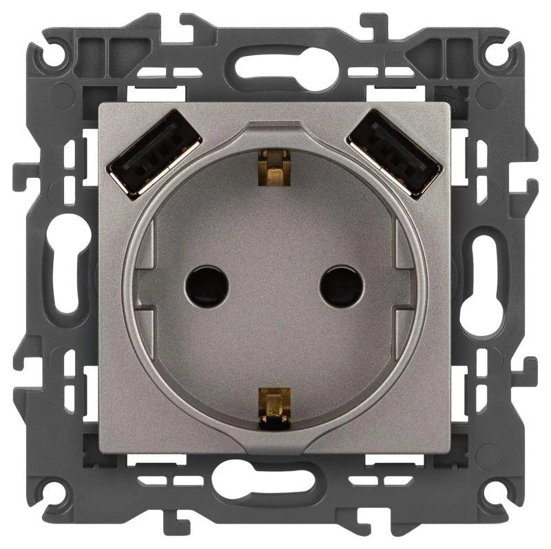 Б0065775 Эра | Розетка Elegance 14-4109-16 16A 250В 2P+E защ. штор. с 2xUSB 3А 5В титан  