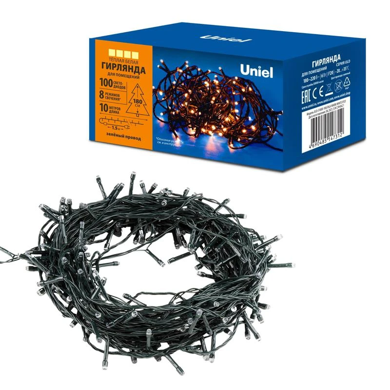 UL-00008407 Uniel | Гирлянда светодиодная ULD-S1000-100/DGA WARM WHITE IP20 10м 100 LED тепл. бел. свет. провод зел.  