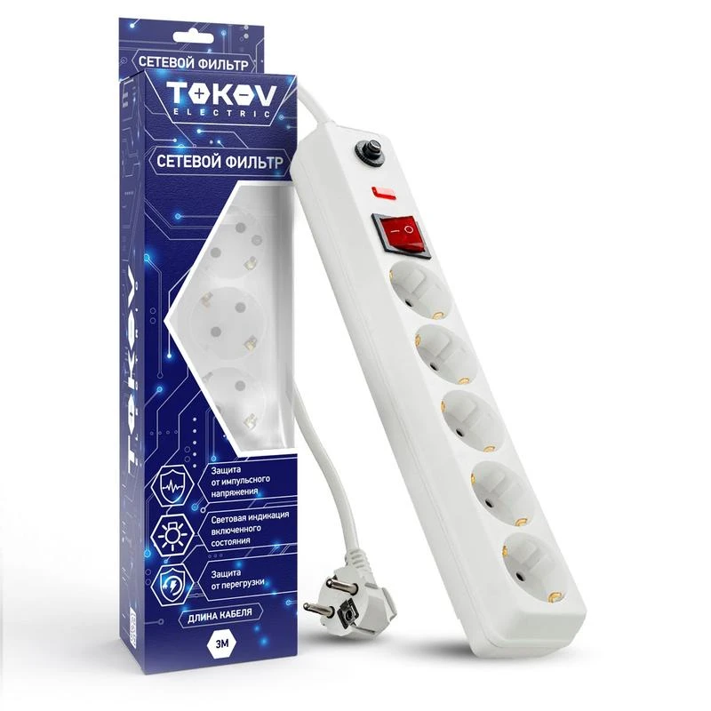 TKE-C01-SF5-3-ZV TOKOV ELECTRIC | Удлинитель с сетевым фильтром 5х3м с заземл. с выкл. 16А с защ. от скачков напр. и перегрузок 3х1 бел.  