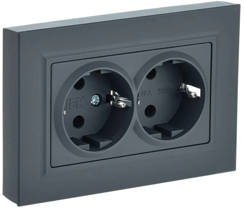 IEK  | Розетка 2-м СП BRITE РС12-3-БрГ 16А в сборе с заземл. без защ. шторок графит  BR-R21-16-K53-F