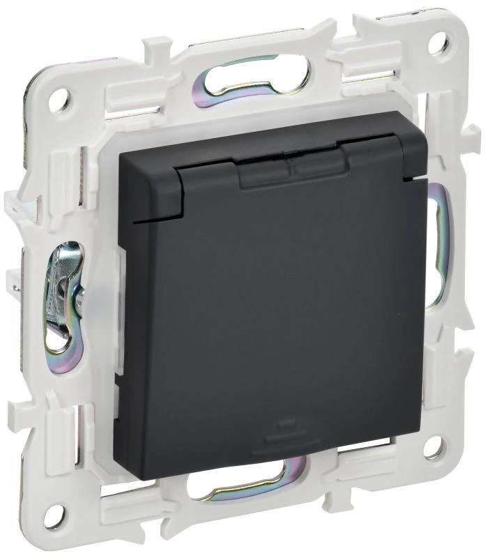 IEK  | Розетка 1-м SKANDY 16А IP44 с заземл. защ. шторки с крышкой SK-R11G графит  SK-R16-16-44-K53