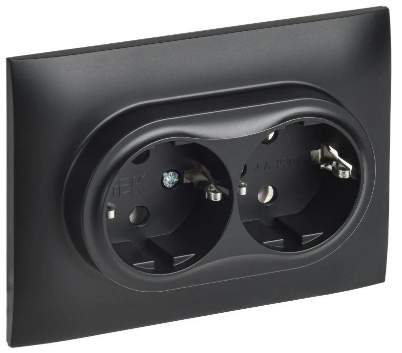 IEK  | Розетка 2-м SKANDY 16А с заземл. без защ. шторок в сборе SK-R08Bl черн.  SK-R21-16-K02-F