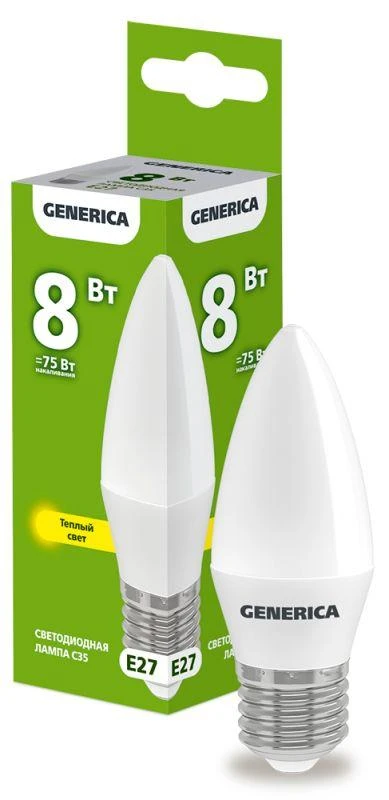 LL-C35-08-230-30-E27-G GENERICA | Лампа светодиодная C35 8Вт свеча 3000К E27 230В  