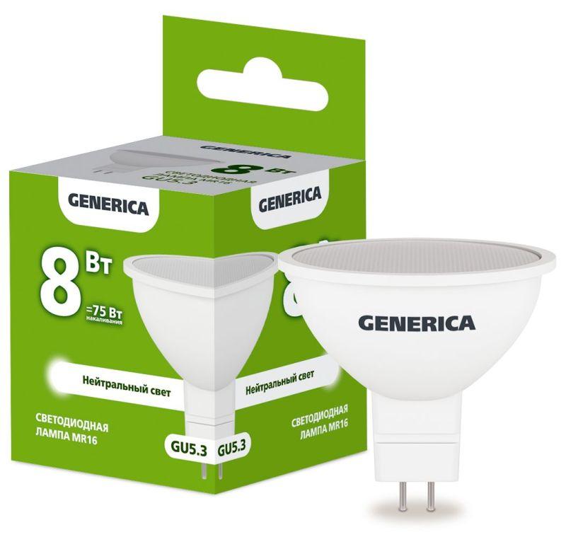 GENERICA  | Лампа светодиодная MR16 8Вт софит 4000К GU5.3 230В  LL-MR16-08-230-40-GU5-G
