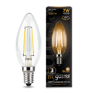 Лампа светодиодная филаментная Filament 7Вт свеча 2700К тепл. бел. E14 550лм GAUSS 103801107