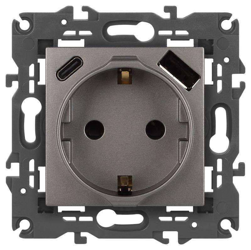 Б0067695 Эра | Розетка Elegance 14-4108-16 16A 250В 2P+E защ. шторки с USB type-A+C 3А 5В титан  