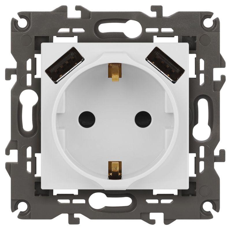 Б0065773 Эра | Розетка Elegance 14-4109-01М 16A 250В 2P+E защ. штор. с 2xUSB 3А 5В матов. бел.  