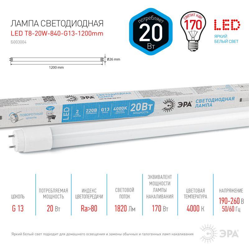 Лампа светодиодная STD LED T8-20W-840-G13-1200mm G13 20Вт 4000К поворотный цоколь; трубка стекло-нейтр. бел. Эра Б0062407