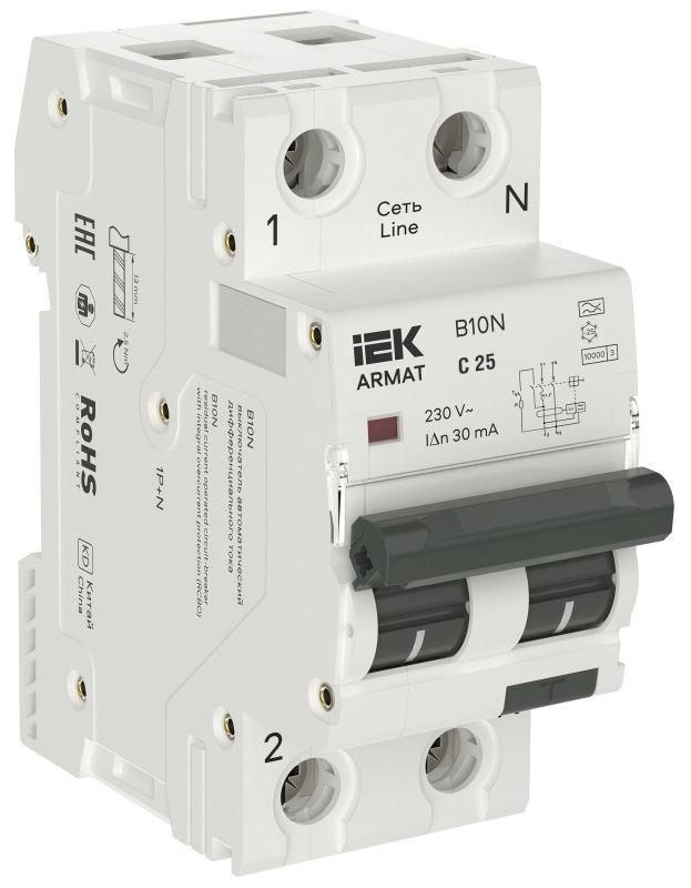 IEK  | Выключатель автоматический дифференциального тока 2п (1P+NP) C 25 30мА тип A АВДТ B10N 36мм ARMAT  AR-B10N-1N-C025A030