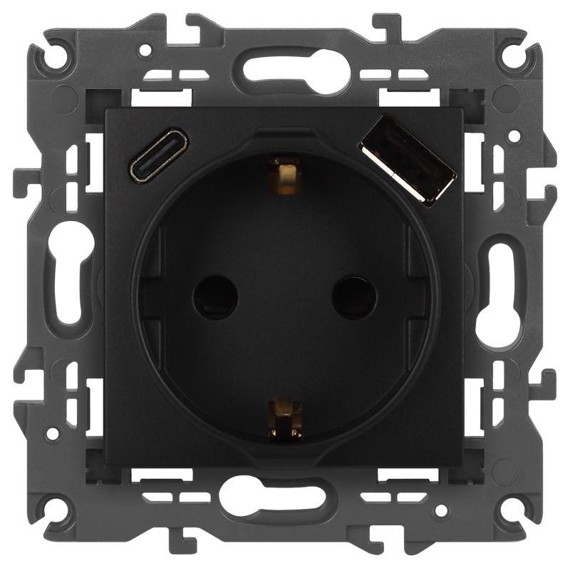 Б0067724 Эра | Розетка Elegance 14-4108-05 16A 250В 2P+E защ. шторки с USB type-A+C 3А 5В антрацит  