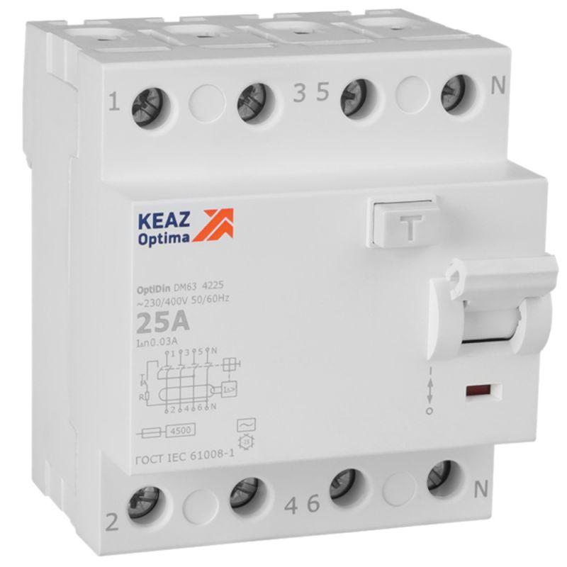 343891 КЭАЗ | Выключатель дифференциального тока (УЗО) 4п 25А 30мА тип AC 4.5кА OptiDin DM63-4225 УХЛ4  