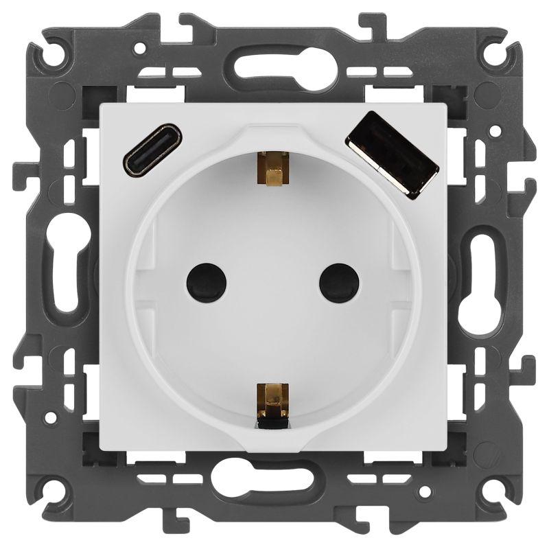 Б0067736 Эра | Розетка Elegance 14-4108-01 16A 250В 2P+E защ. шторки с USB type-A+C 3А 5В белый  