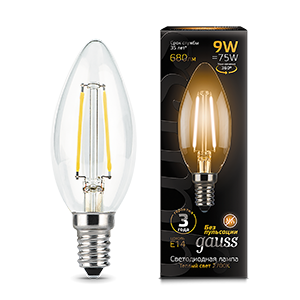 Лампа светодиодная филаментная Filament 9Вт свеча 2700К тепл. бел. E14 680лм GAUSS 103801109