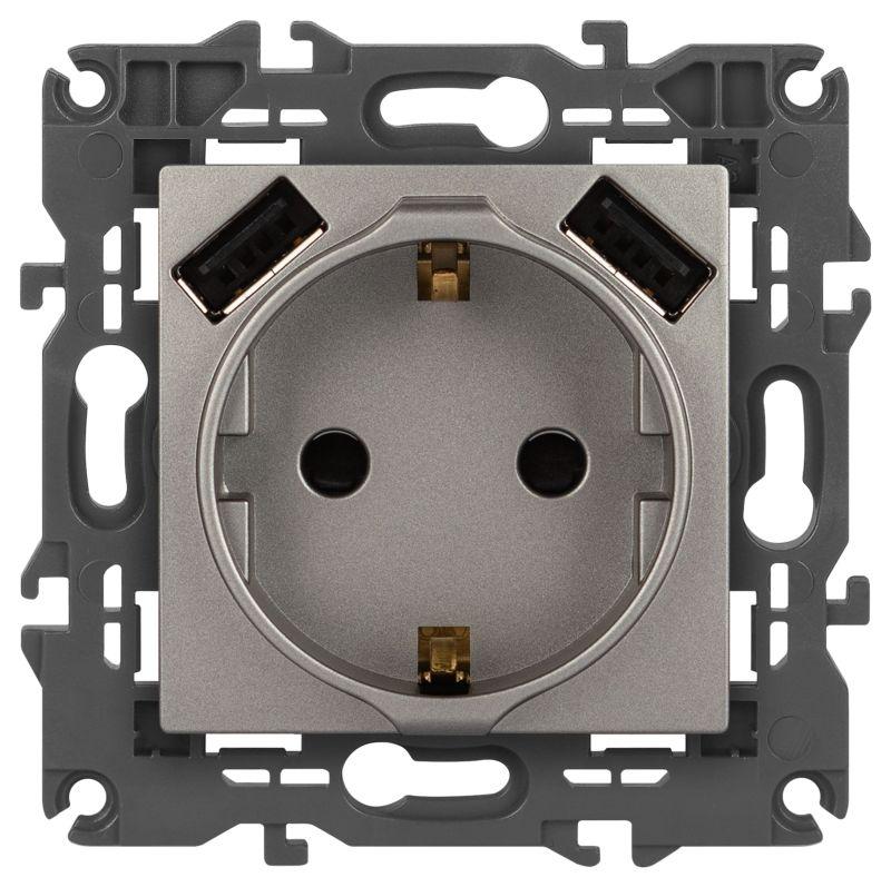 Б0065775 Эра | Розетка Elegance 14-4109-16 16A 250В 2P+E защ. штор. с 2xUSB 3А 5В титан  