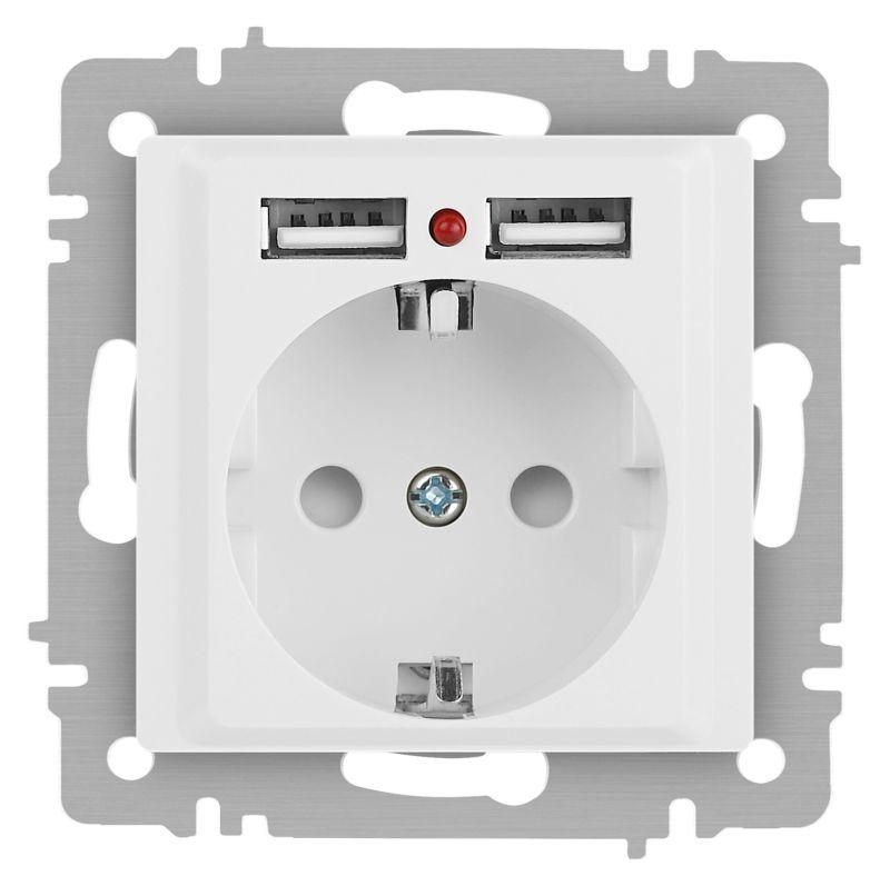 Розетка Accent 6-410-01М P+E Schuko со шторками 16А-250В + 2хUSB IP20 СУ бел. матов. Intro Б0063691