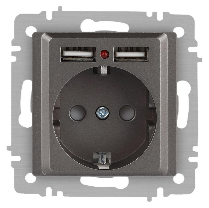Б0063711 Intro | Розетка 1-м СП Accent 6-410-09 16А IP20 250В P+E Schuko + 2хUSB защ. шторки титан  