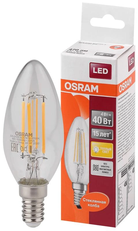 Лампа светодиодная филаментная LED STAR CLASSIC B 40 4W/827 4Вт свеча 2700К тепл. бел. E14 470лм 220-240В прозр. стекло OSRAM 4058075068353