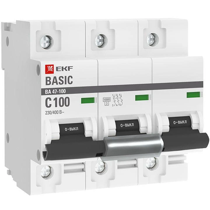 Выключатель автоматический модульный 3п C 100А 10кА ВА 47-100 Basic EKF mcb47100-3-100C-bas